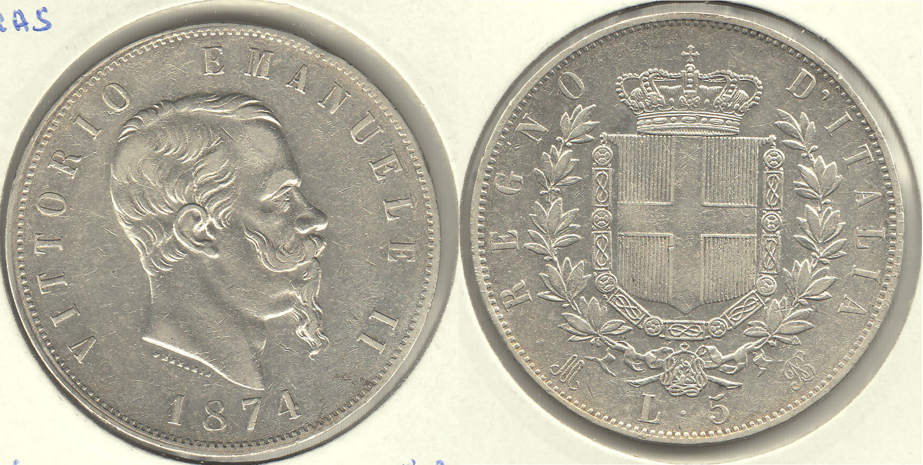 ITALIA. 5 LIRAS (LIRE) DE 1874. PLATA 0.900.