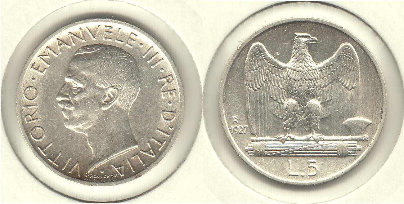 ITALIA. 5 LIRAS (LIRE) DE 1927 R. PLATA 0.835. (2)
