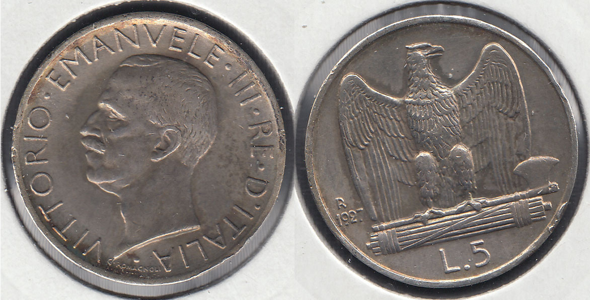 ITALIA. 5 LIRAS (LIRE) DE 1927 R. PLATA 0.835.