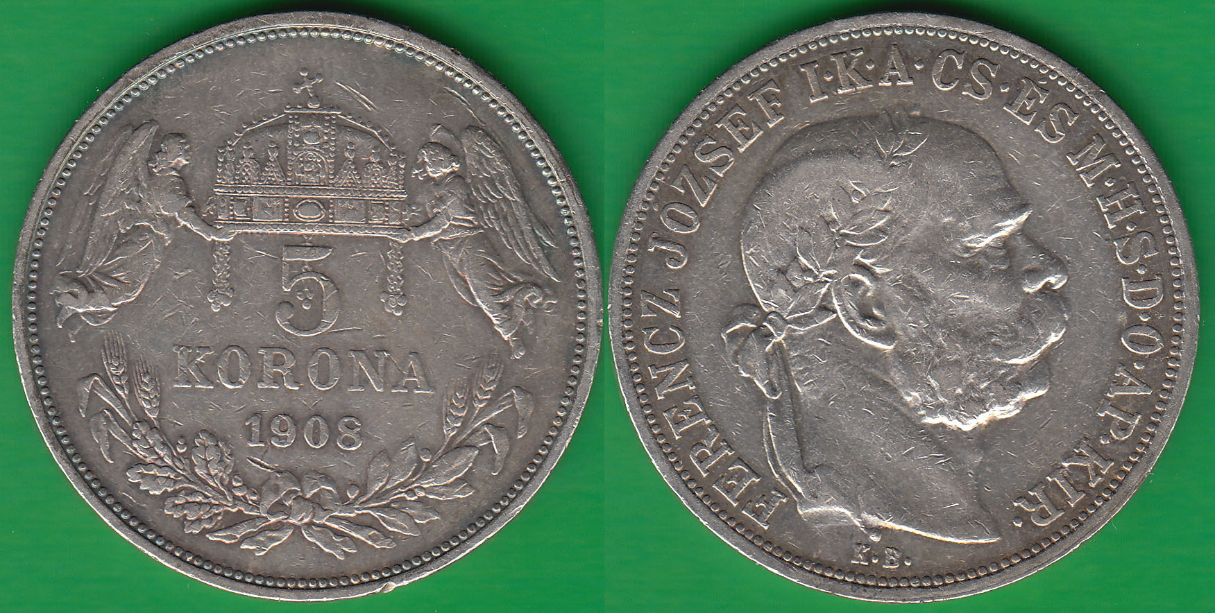 HUNGRIA - HUNGARY. 5 KORONAS DE 1908 KB. PLATA 0.900.