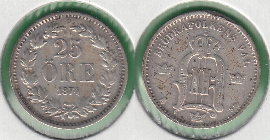 SUECIA - SWEDEN. 25 ORE DE 1874 ST. PLATA 0.600.