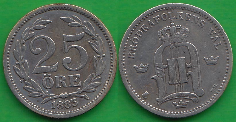 SUECIA - SWEDEN. 25 ORE DE 1883 EB. PLATA 0.600.
