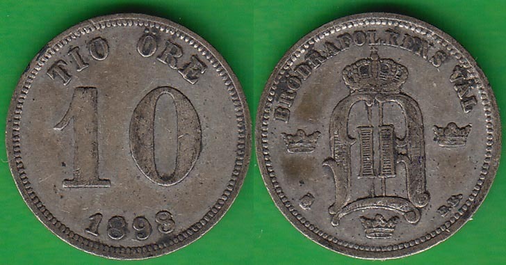SUECIA - SWEDEN. 10 ORE DE 1898 EB. PLATA 0.400.