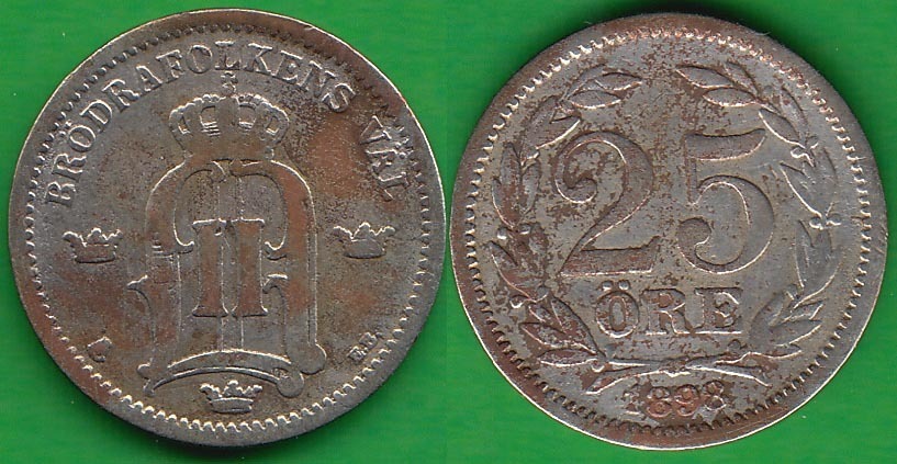 SUECIA - SWEDEN. 25 ORE DE 1898 EB. PLATA 0.600.
