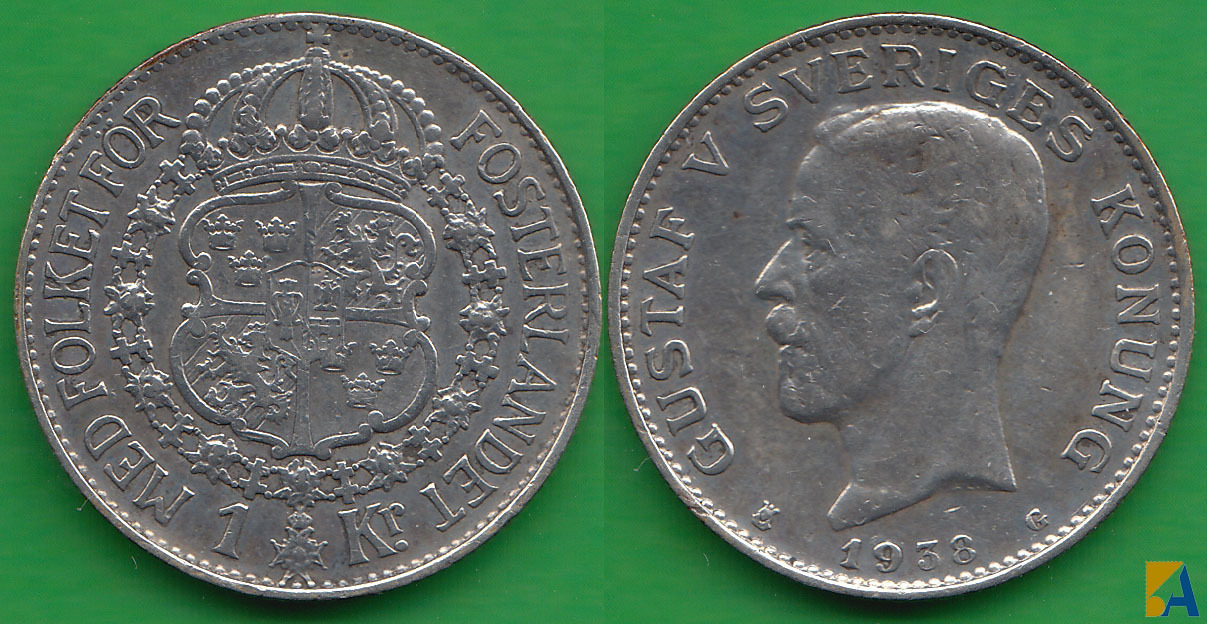 SUECIA - SWEDEN. 1 KRONA DE 1938 G. PLATA 0.800.