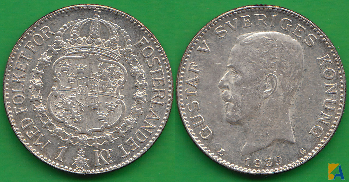 SUECIA - SWEDEN. 1 KRONA DE 1939 G. PLATA 0.800.
