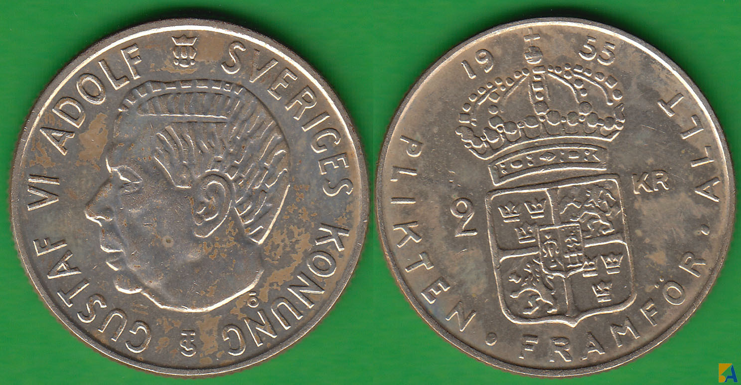 SUECIA - SWEDEN. 2 KRONOR DE 1955. PLATA 0.400.