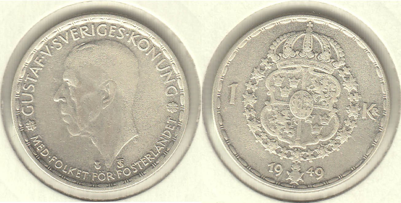 SUECIA - SWEDEN. 1 KRONA DE 1949 TS. PLATA 0.400.