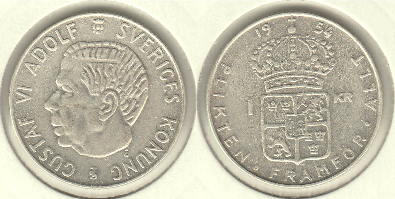 SUECIA - SWEDEN. 1 KRONA DE 1954 TS. PLATA 0.400.