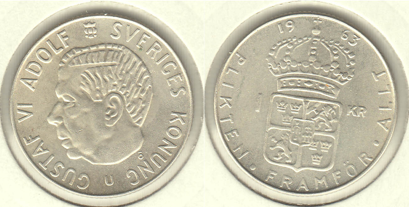 SUECIA - SWEDEN. 1 KRONA DE 1963 U. PLATA 0.400.
