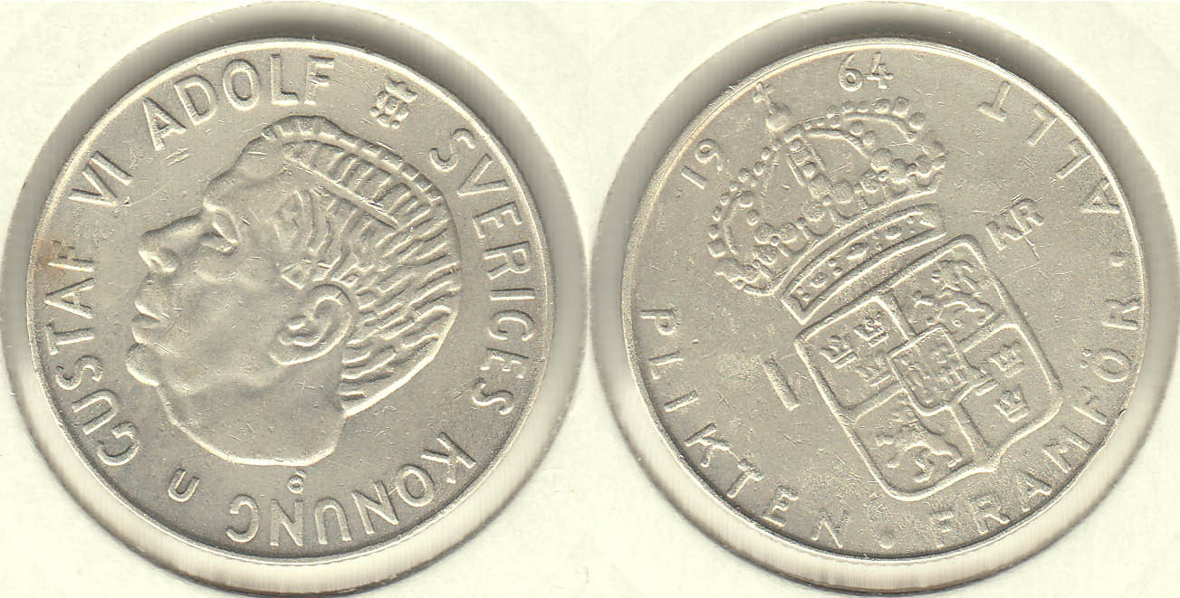 SUECIA - SWEDEN. 1 KRONA DE 1964 U. PLATA 0.400.