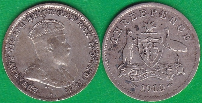 AUSTRALIA. 3 PENIQUES (PENCE) DE 1910. PLATA 0.925.