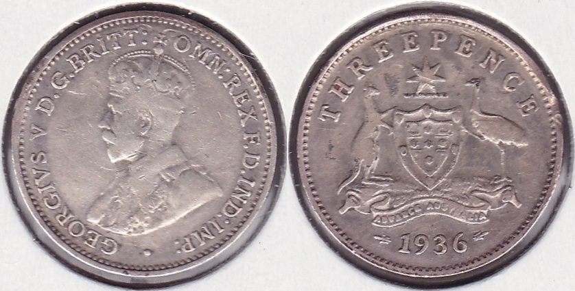 AUSTRALIA. 3 PENIQUES (PENCE) DE 1936. PLATA 0.925.