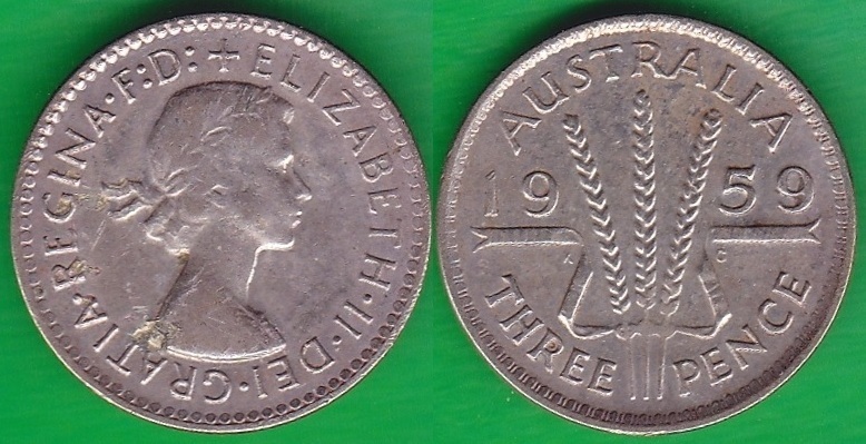 AUSTRALIA. 3 PENIQUES (PENCE) DE 1959. PLATA 0.500.