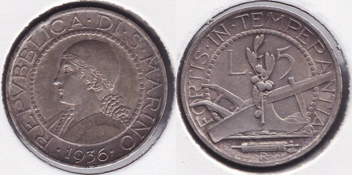 SAN MARINO. 5 LIRAS (LIRE) DE 1936 R. PLATA 0.835.