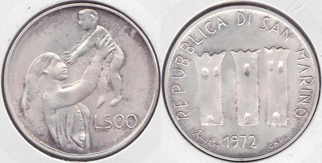 SAN MARINO. 500 LIRAS (LIRE) DE 1972. PLATA 0.835.