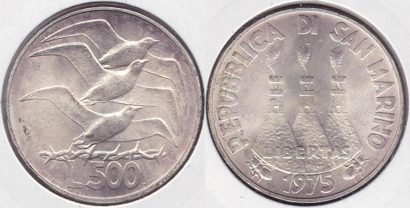 SAN MARINO. 500 LIRAS (LIRE) DE 1975. PLATA 0.835.
