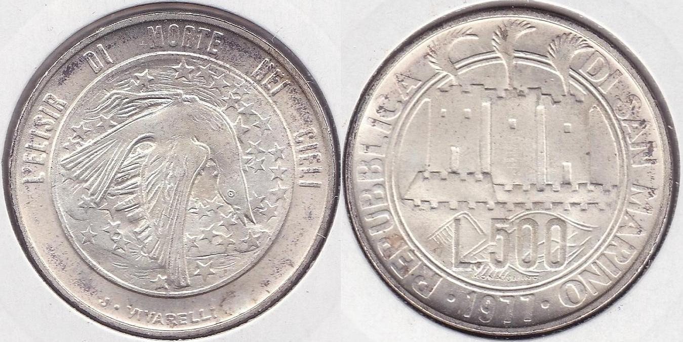 SAN MARINO. 500 LIRAS (LIRE) DE 1977. PLATA 0.835.