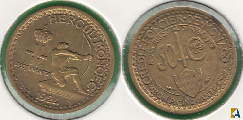 MONACO. 50 CENTIMOS (CENTIMES) DE 1924.