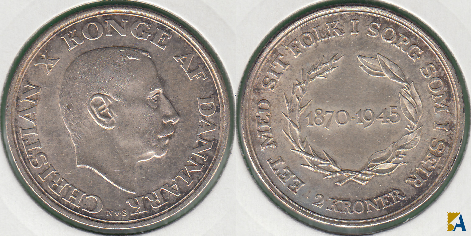 DINAMARCA - DENMARK. 2 CORONAS (KRONER) DE 1945. PLATA 0.800.
