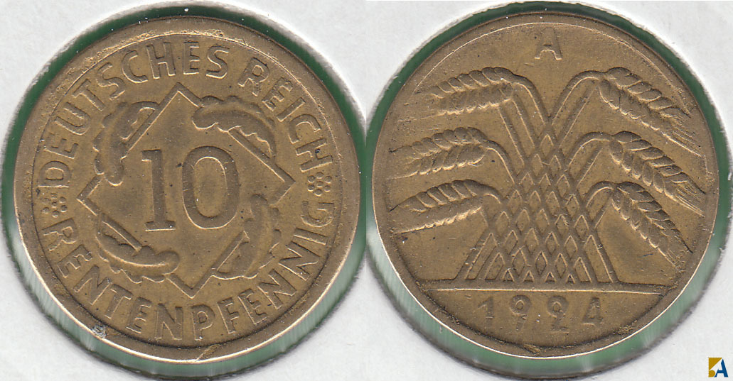 REPUBLICA WEIMAR - REPUBLIC. 10 RENTENPFENNIG DE 1924 A.