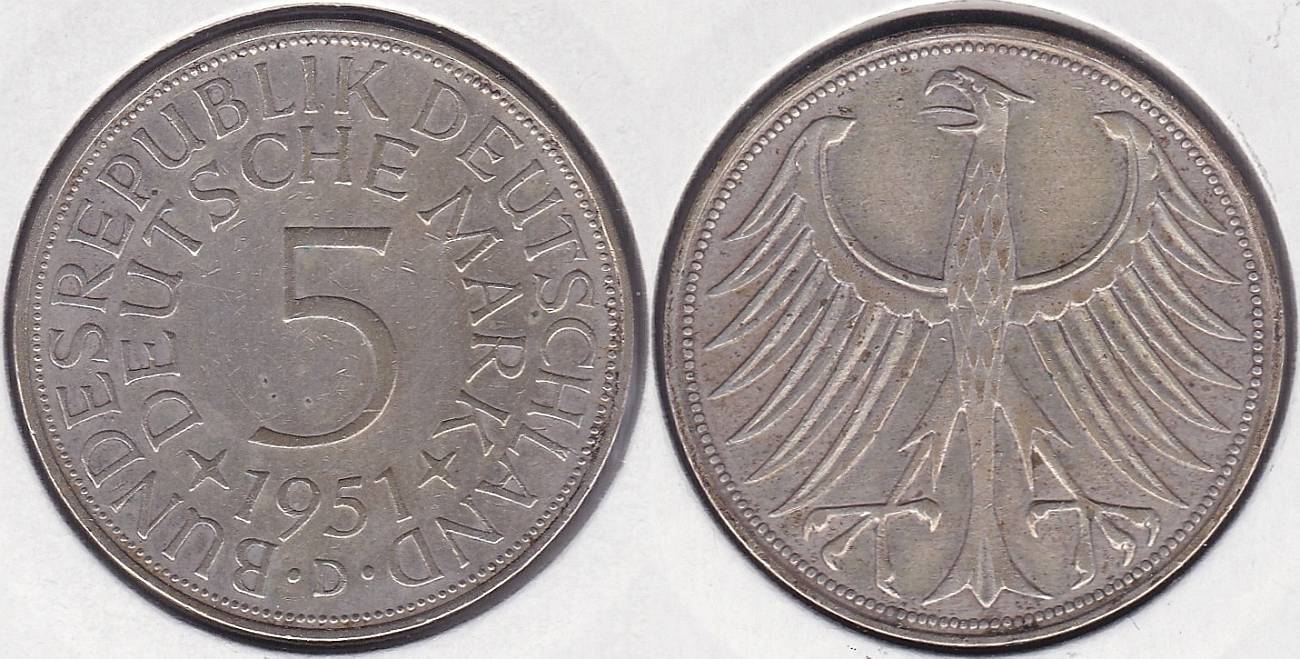ALEMANIA FEDERAL - GERMANY REPUBLIC. 5 MARCOS (MARK) DE 1951 D. PLATA 0.625.