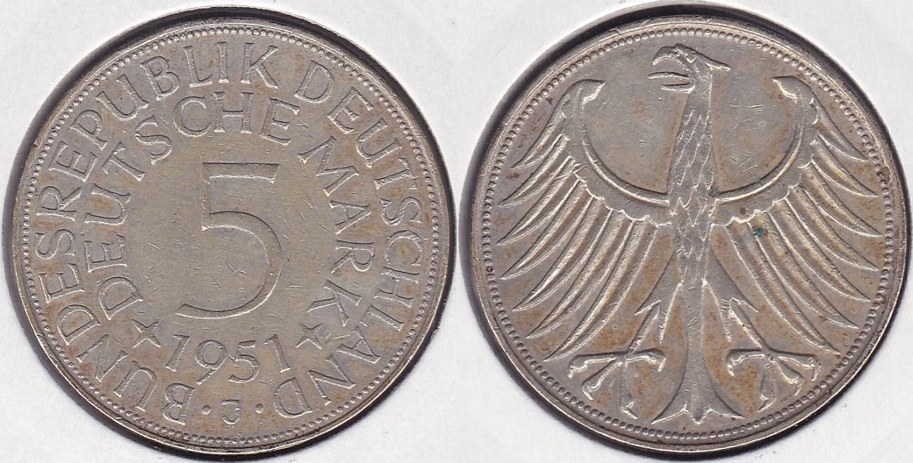 ALEMANIA FEDERAL - GERMANY REPUBLIC. 5 MARCOS (MARK) DE 1951 J. PLATA 0.625.