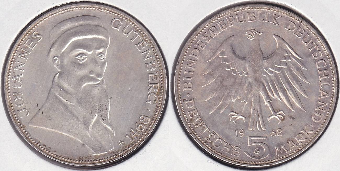 ALEMANIA FEDERAL - GERMANY REPUBLIC. 5 MARCOS (MARK) DE 1968 G. PLATA 0.625.