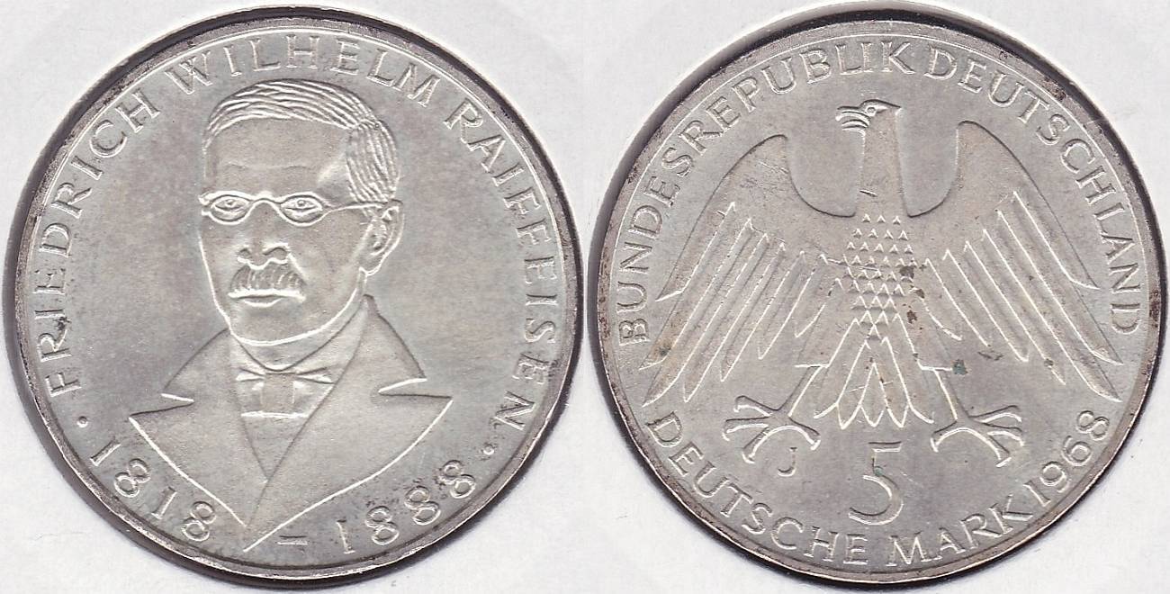 ALEMANIA FEDERAL - GERMANY REPUBLIC. 5 MARCOS (MARK) DE 1968 J. PLATA 0.625.