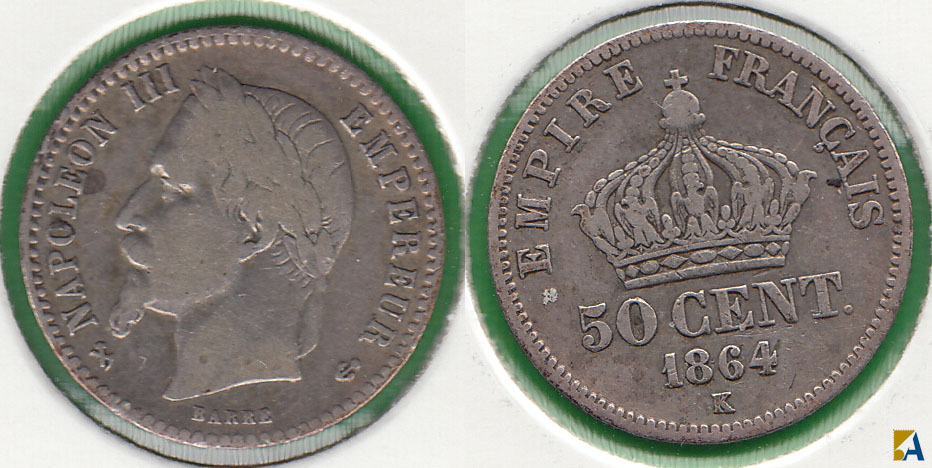 FRANCIA - FRANCE. 50 CENTIMOS (CENTIMES) DE 1864 K. PLATA 0.900.
