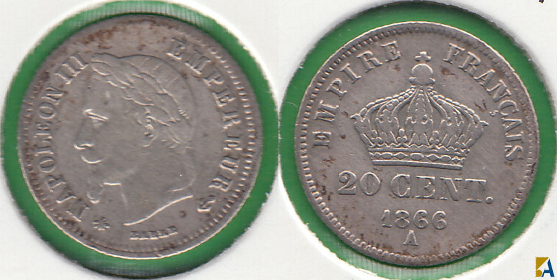 FRANCIA - FRANCE. 20 CENTIMOS (CENTIMES) DE 1866 A. PLATA 0.900.