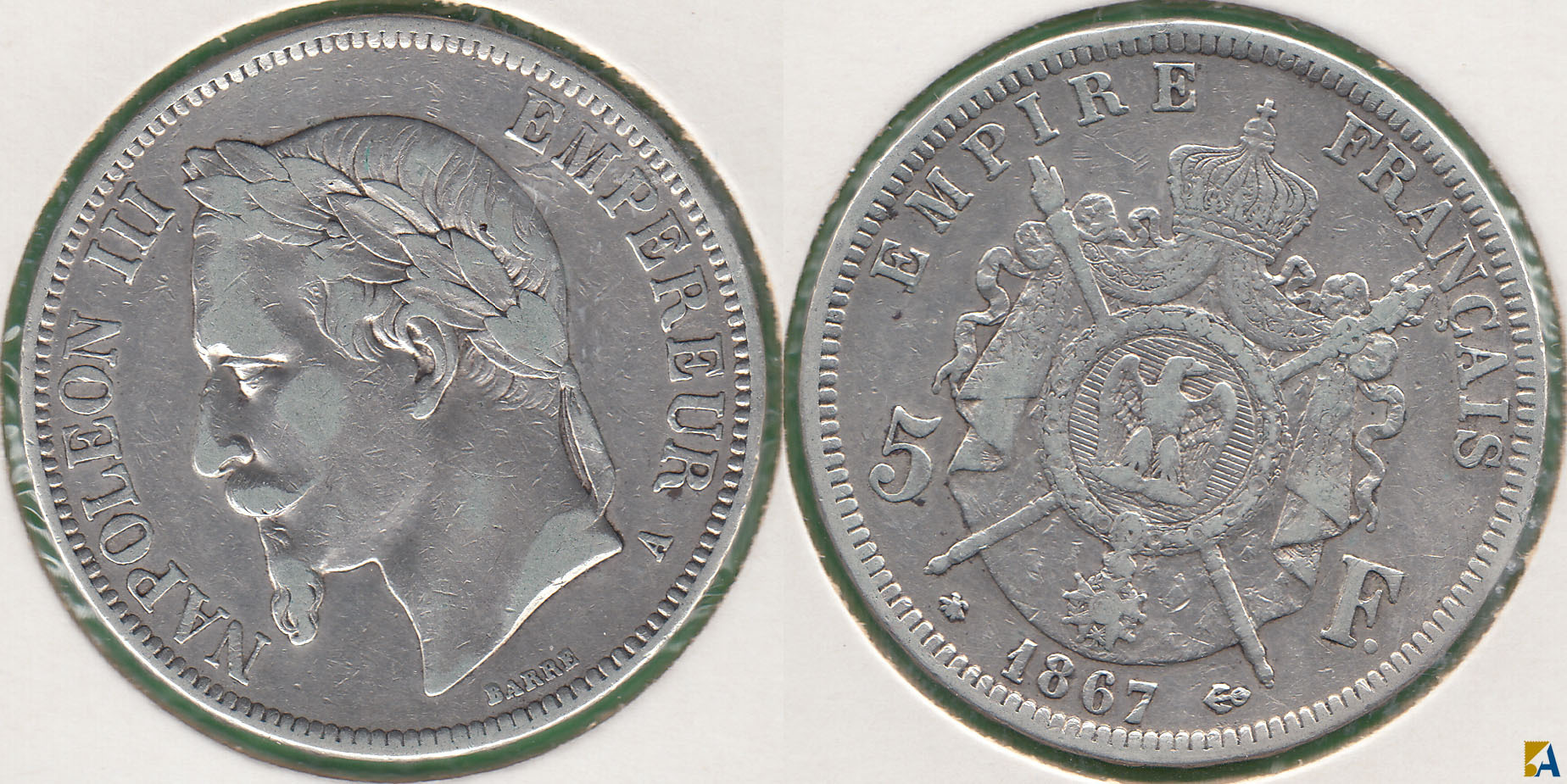 FRANCIA - FRANCE. 5 FRANCOS (FRANCS) DE 1867 A. PLATA 0.900.