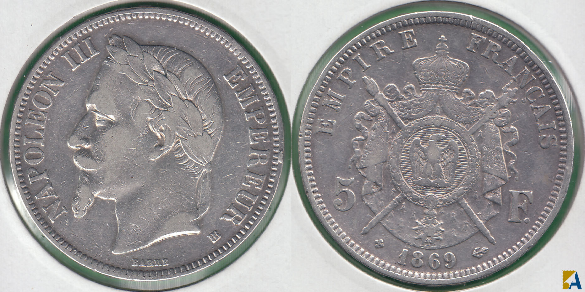 FRANCIA - FRANCE. 5 FRANCOS (FRANCS) DE 1869 BB. PLATA 0.900.