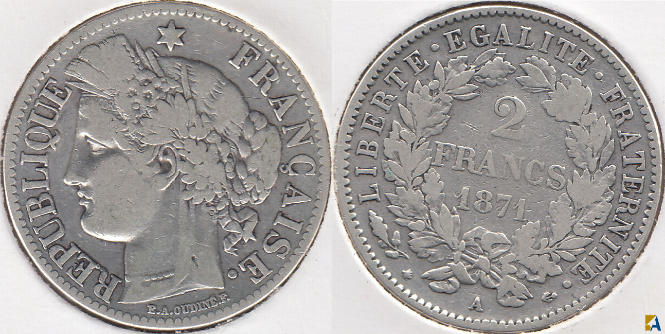 FRANCIA - FRANCE. 2 FRANCOS (FRANCS) DE 1871 A. PLATA 0.900.