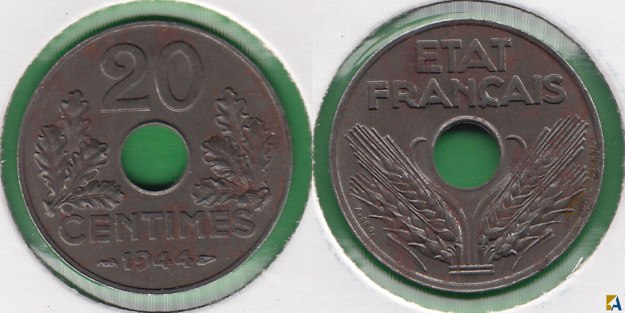 FRANCIA - FRANCE. 20 CENTIMOS (CENTIMES) DE 1944.
