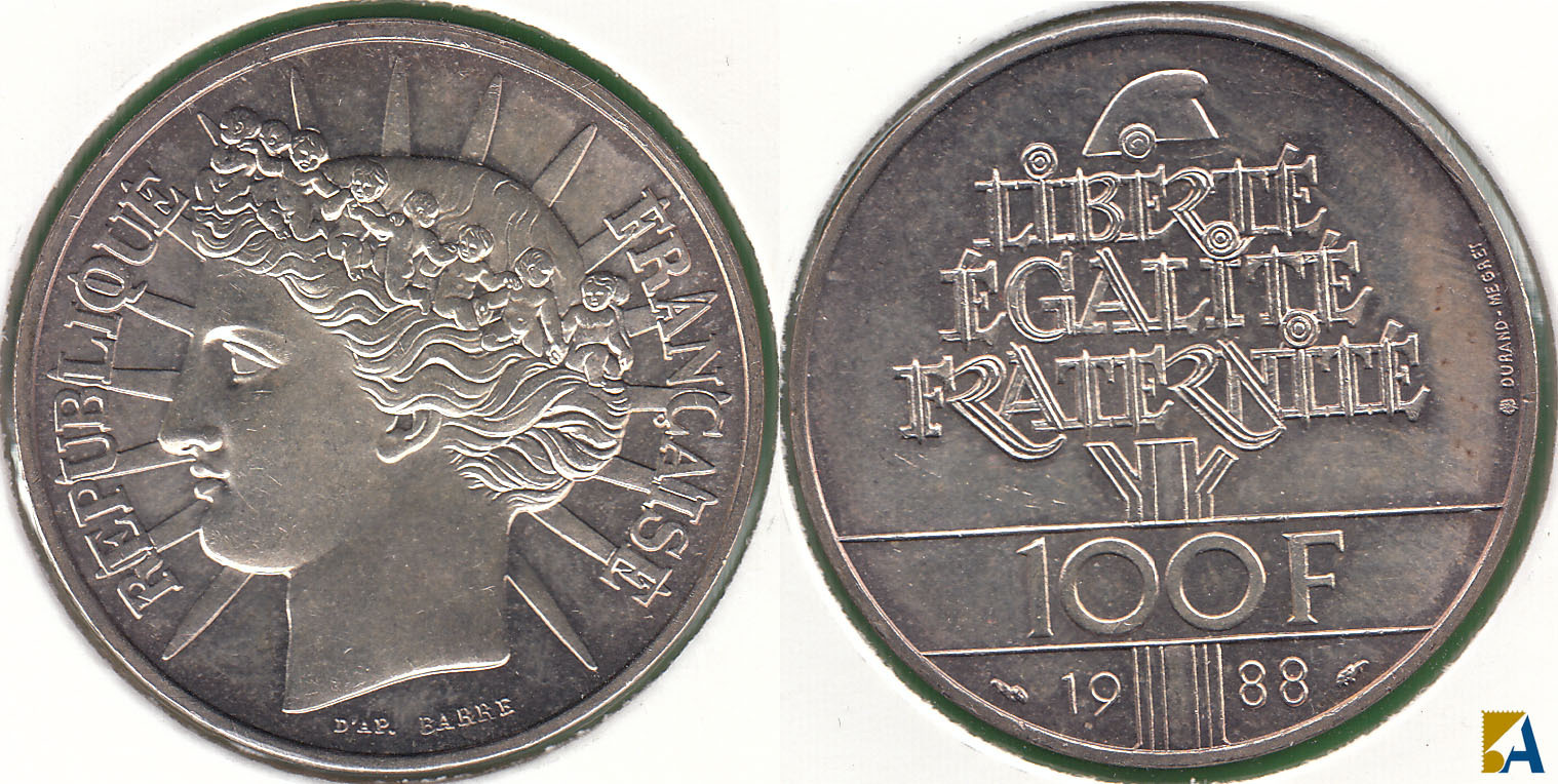 FRANCIA - FRANCE. 100 FRANCOS (FRANCS) DE 1988. PLATA 0.900.
