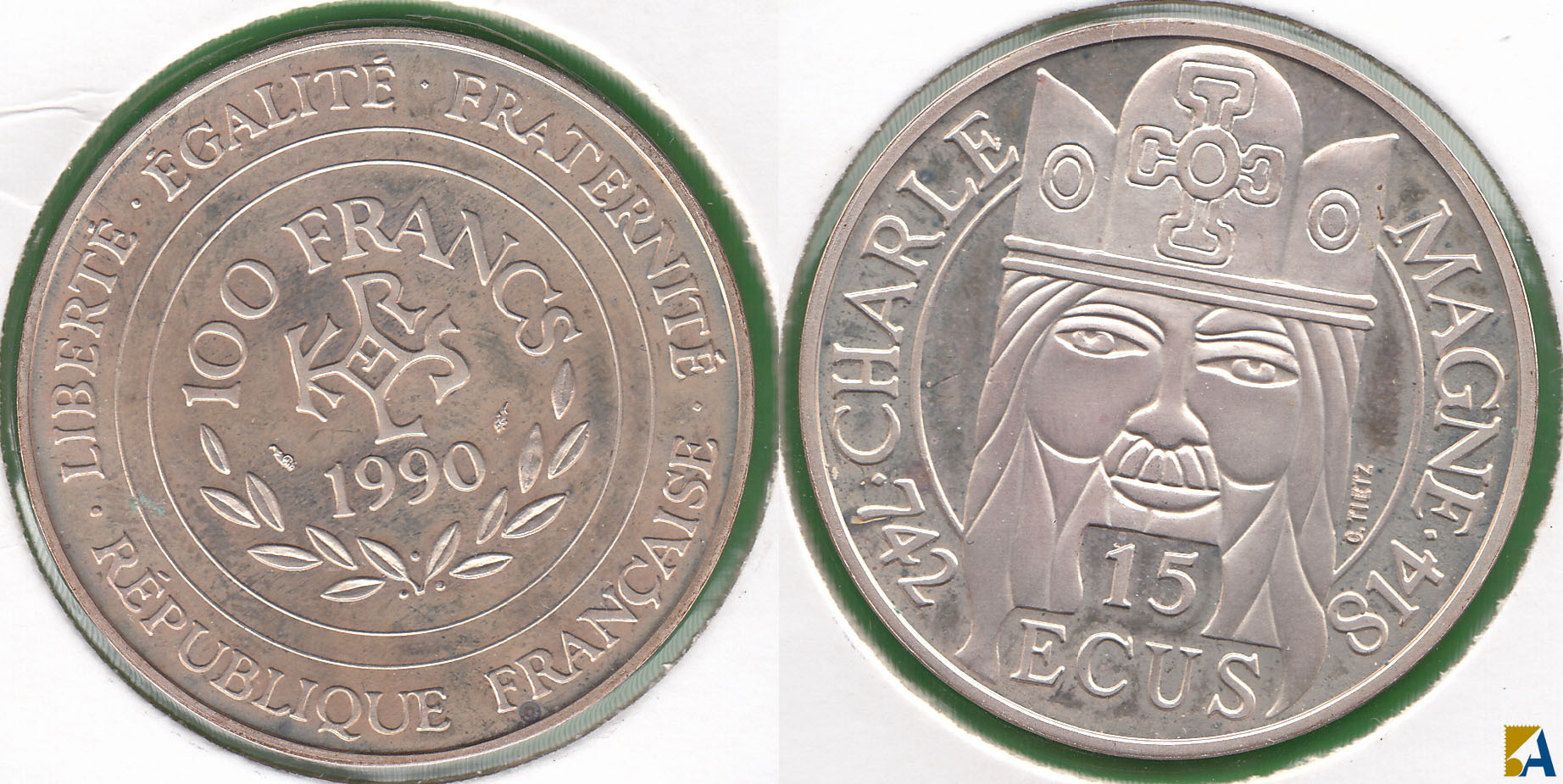 FRANCIA - FRANCE. 15 ECUS DE 1990. PLATA 0.900.