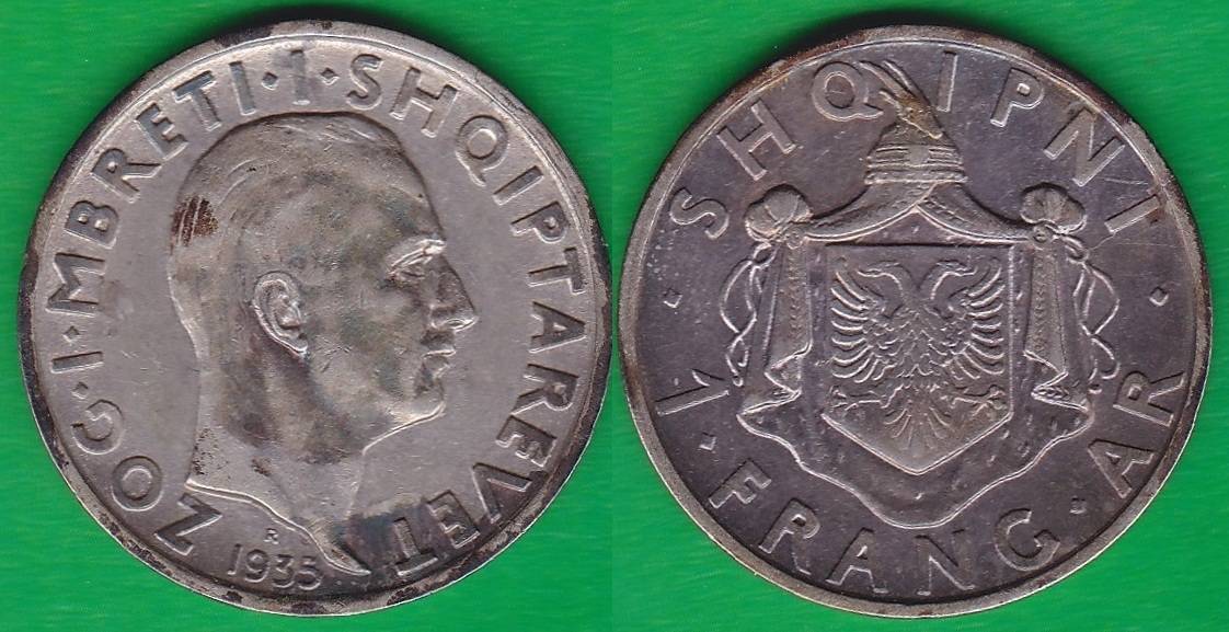 ALBANIA - SHQIPNI. 1 FRANCO (FRANG) DE 1935 R. PLATA 0.835.