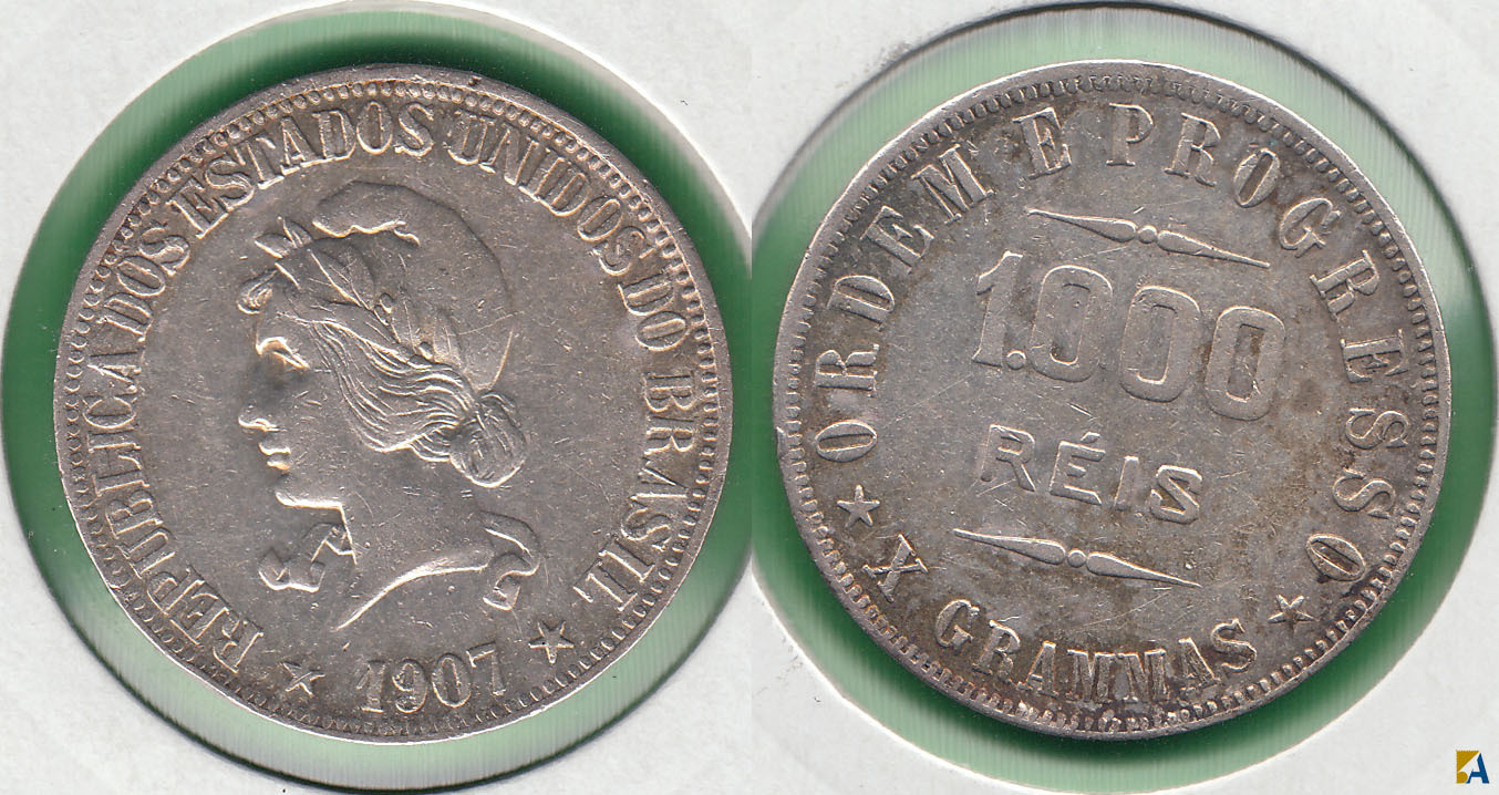 BRASIL - BRAZIL. 1000 REIS DE 1907. PLATA 0.900.