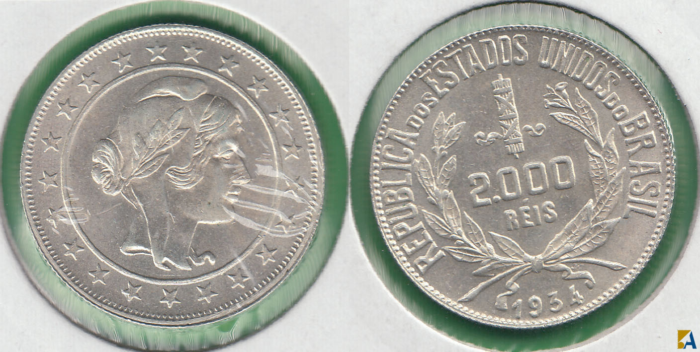 BRASIL - BRAZIL. 2000 REIS DE 1934. PLATA 0.500.