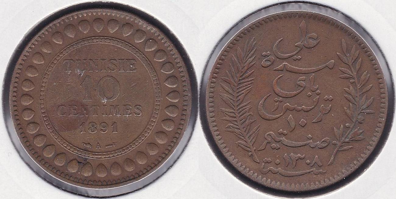 TUNEZ - TUNISIE. 10 CENTIMOS (CENTIMES) DE 1891 A.