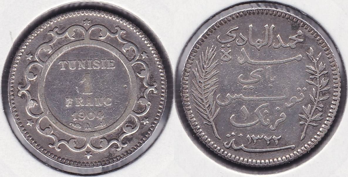 TUNEZ - TUNISIE. 1 FRANCO (FRANC) DE 1904 A. PLATA 0.835.