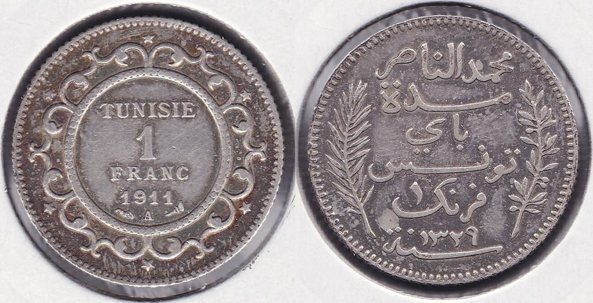 TUNEZ - TUNISIE. 1 FRANCO (FRANC) DE 1911 A. PLATA 0.835.