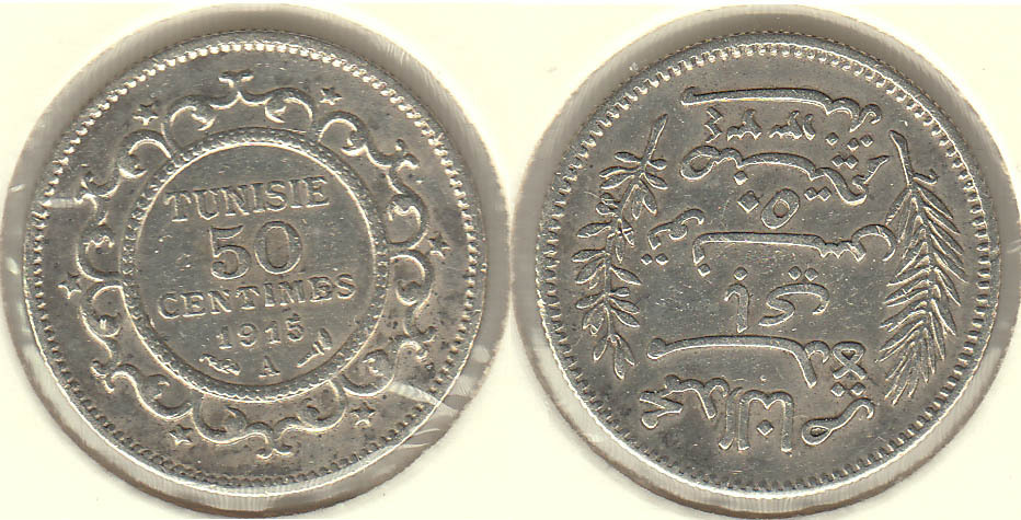 TUNEZ - TUNISIE. 50 CENTIMOS (CENTIMES) DE 1915 A. PLATA 0.835.