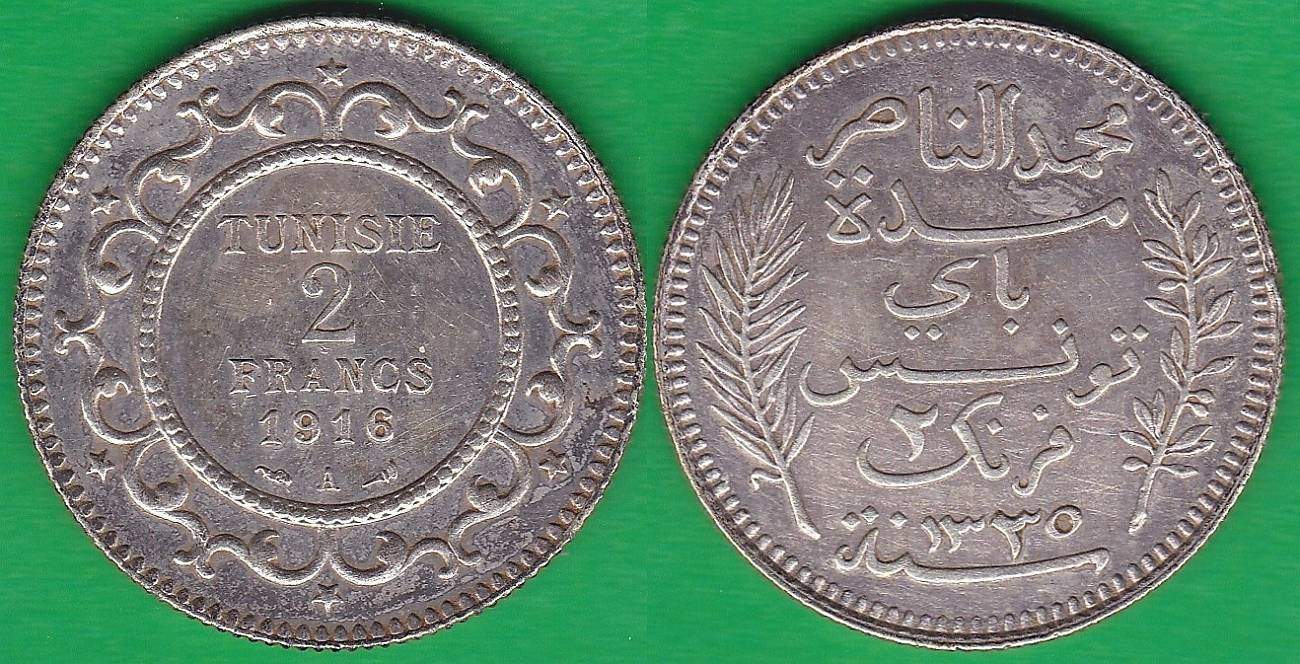 TUNEZ - TUNISIE. 2 FRANCOS (FRANCS) DE 1916A. PLATA 0.835.