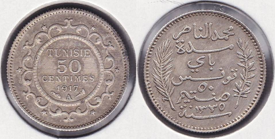 TUNEZ - TUNISIE. 50 CENTIMOS (CENTIMES) DE 1917 A.
