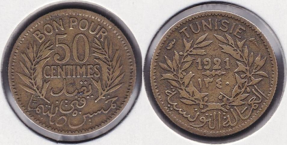 TUNEZ - TUNISIE. 50 CENTIMOS (CENTIMES) DE 1921.