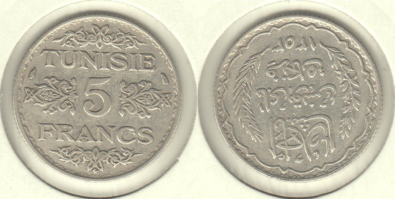 TUNEZ - TUNISIE. 5 FRANCOS (FRANCS) DE 1934. PLATA 0.800.