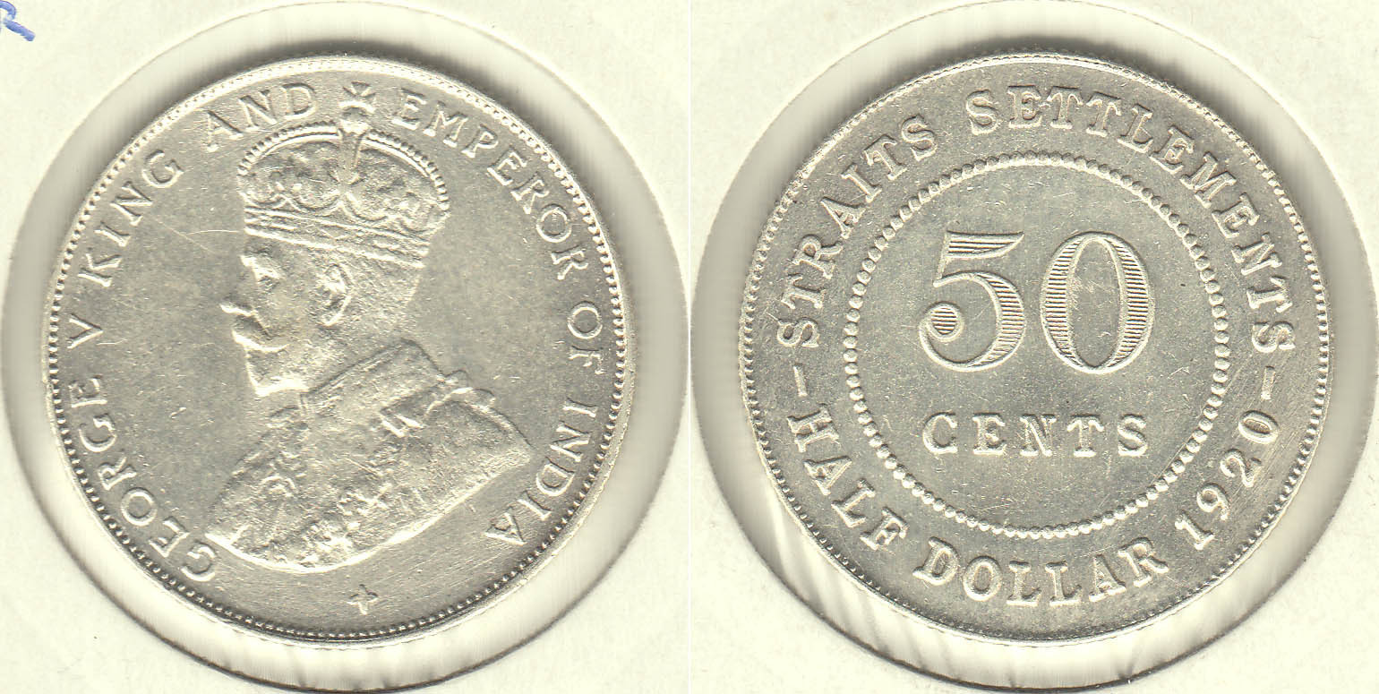 STRAITS SETTLEMENTS. 50 CENTIMOS (CENTS) DE 1920. PLATA 0.500.