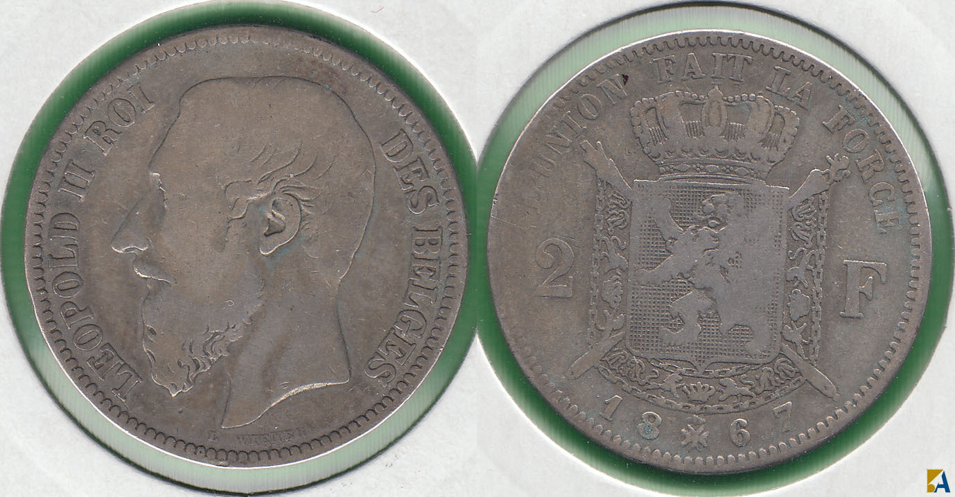 BELGICA - BELGIUM. 2 FRANCOS (FRANCS) DE 1867. PLATA 0.835.